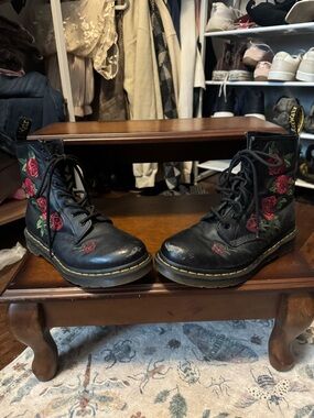 Dr. Martens Black Leather Lace-Up Boots with Red Rose Embroidery